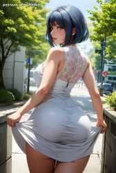 absurdres ai_generated ass blue_eyes blue_hair breasts cleavage dress highres huge_ass kladen large_breasts non-web_source self-upload stable_diffusion tagme the_forbidden_dress wedding_dress white_dress