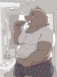 5_fingers anthro belly blush boxers_(clothing) brown_fur brushing_teeth bulge clothing dv-ch erect_nipples erection fur male mammal navel nipples obese overweight penis_outline solo toothbrush underwear ursine