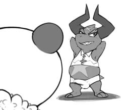 anthro balls batzz_(buddyfight) bulge chibi_panda_(buddyfight) clothing dragon duo horn ill_fitting_clothing looking_away male male_only nivy_(artist) penis pose scar shorts stretching vest