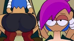 animated ass big_ass big_eyes bike_shorts cartoon_network dark-skinned_female enid fellatio female from_above from_behind looking_at_viewer ok_k.o.!_let's_be_heroes oral penis purple_hair raidon_dimentional_land redbone squatting unzipped_pants