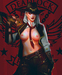 2d areolae ashe_(overwatch) blizzard_entertainment breasts cowboy_hat female female_only j-likes-to-draw mole_above_mouth navel nipples overwatch red_eyes solo tagme tie white_hair