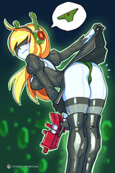 ass bbc-chan black_boots blonde_hair boots breasts cave_story cleavage curly's_panties curly_brace dress_lift female female_only firearm green_panties grey_skin gynoid handgun humanoid knee_boots looking_at_viewer looking_back machine nier nier:_automata panties presenting presenting_hindquarters robot robot_joints solo thighhighs weapon yorha_2b_(cosplay)