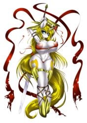 2018 anthro areola armor big_breasts big_nipples blue_eyes breasts cameltoe clothing equine female horn horse hourglass_figure huge_breasts looking_at_viewer mammal melee_weapon mirapony my_little_pony navel nipples nude panties puffy_nipples pussy simple_background solo sword thong unconvincing_armor underwear unicorn voluptuous weapon white_heart_(oc)