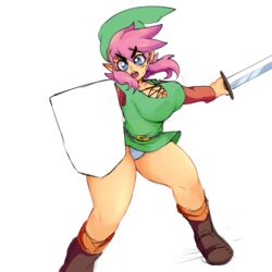 1girls big_breasts bimbo breasts busty cleavage female hourglass_figure hylian link panties pink_hair pointy_ears rule_63 shield solo sword the_legend_of_zelda tunic voluptuous yellow_kirby