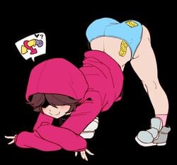 1boy ass ass_up blush booty_shorts brown_hair doppel eyes_covered femboy girly hoodie male male_only male_symbol mars_symbol presenting shoes shorts simple_background smile sneakers solo tagme trap