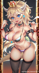 blonde_hair blue_eyes bowsette cleavage crown earrings female genderswap horns large_breasts long_hair mario_(series) new_super_mario_bros._u_deluxe nintendo solo standing tail thighhighs viola_(seed)