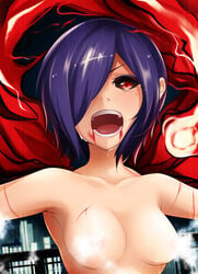 angry bare_legs bare_shoulders black_sclera blood breasts building city city_lights collarbone completely_naked_female covered_eyes cuts dark_background eyebrows eyebrows_behind_hair female hair_over_one_eye hikari0910 injury kagune_(tokyo_ghoul) kirishima_touka looking_at_viewer medium_breasts nude open_mouth purple_hair red_eyes shiny shiny_hair short_hair skyline skyscraper solo tears teeth tokyo_ghoul tongue water