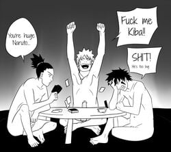 3boys angry balls barefoot big_penis boner crossed_legs dialogue erection face_markings feet gay impressed inuzuka_kiba large_penis male male_only monochrome naked nara_shikamaru naruto naruto_shippuden nude penis playing_cards poker ponytail soles strip_poker testicles text toes uncensored uzumaki_naruto whisker_markings yaoi