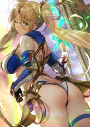 1girls ahoge ass back backlighting bangs bare_shoulders bikini bikini_bottom bikini_top blonde_hair blue_bikini blue_bikini_top blue_eyes blush bradamante_(fate) braid breasts cleavage elbow_gloves fate/grand_order fate_(series) faulds female female_only french_braid gloves hews_hack highres large_breasts lens_flare long_hair looking_at_viewer looking_back one_eye_closed panties pillar polearm smile solo swimsuit thigh_strap thighs twintails very_long_hair weapon white_bikini white_bikini_bottom