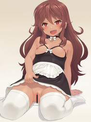 1girls :d apron arm_support bar_censor bare_shoulders black_choker black_dress blush bow breastless_clothes breasts breasts_out brown_hair censored choker collarbone commentary_request cute_fang dark-skinned_female dark_skin dress dress_lift eyebrows_visible_through_hair female female_only hair_between_eyes leaning_back lifted_by_self long_hair maid meow_(nekodenki) nipples no_bra no_shoes oerba_yun_fang open_mouth original red_eyes revealing_clothes simple_background sitting small_breasts smile solo tan thighhighs very_long_hair victorian_maid wariza wavy_hair white_apron white_bow white_legwear