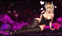 aleskaart big_breasts bowsette breasts cleavage colorized edit feet female female_only genderswap large_breasts legoman long_tongue looking_at_viewer mario_(series) new_super_mario_bros._u_deluxe nintendo open_mouth pierced_tongue solo thigh_gap thighhighs third-party_edit toe_claws toeless_legwear toeless_stockings toes tongue tongue_out