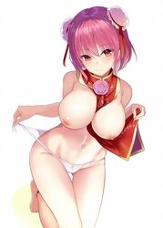 amisu ankle_strap ass_visible_through_thighs bangs bare_legs bare_shoulders barefoot between_breasts blush breasts bun_cover bun_hair closed_mouth double_bun eyebrows_visible_through_hair female flower kasen_ibaraki large_breasts looking_at_viewer navel nipples no_pants panties panty_pull pink_flower pink_hair pink_rose red_eyes red_ribbon ribbon rose short_hair side-tie_panties simple_background smile solo tabard thigh_gap touhou underwear untied untied_panties white_background white_panties