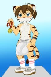 2018 balls big_balls big_bulge big_penis blue_eyes blush bulge clothing feline grin inubashiri jockstrap male male_only mammal medal nipples penis smile solo sweat tiger underwear young