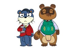 2017 animal_crossing anthro big_penis big_testicles blue_testicles bottomless canine duo flaccid foreskin furry huge_cock huge_testicles inubashiri lyle_(animal_crossing) male male_only mammal mustelid navel necktie nintendo otter penis simple_background slightly_chubby tan_testicles tanuki testicles tom_nook uncut white_background