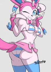 anthro ass bikini blue_striped_panties blue_stripes boobs_and_butt_pose breasts eeveelution eschergirl female looking_back miniskirt panties pokemon solo striped_bikini striped_bra striped_panties stripes sylveon thedemonfoxy