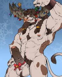 2018 3_fingers abs anthro antlers armpit_hair badcoyote ball_tuft beard bell biceps big_penis blizzard_entertainment blue_eyes body_hair bovine brown_fur brown_hair brown_penis chest_hair christmas christmas_decorations christmas_lights christmas_ornament christmas_star erection facial_hair facial_piercing front_view fur hair hair_ring holding_object holidays horn humanoid_penis looking_away male male_only mammal medial_ring mistletoe multicolored_fur muscular muscular_male nipples nude partially_retracted_foreskin pecs penis penis_bow penis_ribbon piercing pink_nipples pinup plant portrait pose presenting presenting_penis pubes quads ribbons seductive smile snout solo standing tail_tuft tauren teeth three-quarter_portrait triceps tuft uncut vein veiny_penis video_games warcraft white_fur white_tail wrist_guards