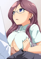 1boy bangs blue_eyes blush breast_squeeze breasts brown_hair dress_shirt female glasses highres idolmaster idolmaster_cinderella_girls large_breasts long_hair looking_up open_clothes open_mouth open_shirt paizuri paizuri_under_clothes shirt short_sleeves solo_focus straight underboob yagami_makino yuuichi_(reductionblack)