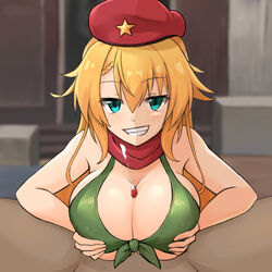 1boy 1girls ak-47_(girls'_frontline) beret blonde_hair blue_eyes breast_squeeze breasts censored cleavage cum dark-skinned_male dark_skin ejaculation female front-tie_bikini front-tie_top girls'_frontline green_bikini_top grin hat highres interracial large_breasts light-skinned_female light_skin long_hair looking_at_viewer mitsumori_(tri_forests) mosaic_censoring paizuri penis pov red_scarf scarf smile solo_focus spread_legs star straight