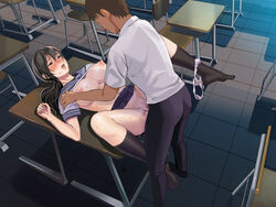 areolae black_eyes black_hair blush breasts breasts_out censored chair classroom clothed_sex desk drooling embarrassed female floor from_above groin highres indoors inkey large_breasts legs long_hair long_ponytail lying matching_hair/eyes mosaic_censoring nipples open_mouth original panties panties_around_leg penis ponytail pussy risou_no_oku-san_to!_shitaikoto,_zenbu saliva school_uniform sex shy skirt skirt_lift spread_legs thighs underwear vaginal_penetration