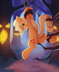 2018 absurd_res anus applejack_(mlp) ass bondage bondage bound cutie_mark earth_pony equine female feral friendship_is_magic hi_res hooves horse mammal my_little_pony outside pony pussy tree vistamage