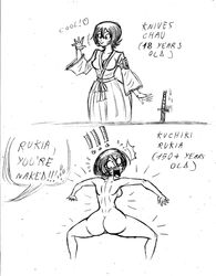 2girls arm_up asian bleach blush chinese clothed crossover embarrassed embarrassed_nude_female enf female female_only frogwalker heart japanese japanese_text katana knives_chau kuchiki_rukia looking_back monochrome nude nude_female rear_view rough_sketch scott_pilgrim shocked short_hair stolen_clothes surprised weapon