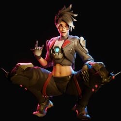 1girls 3d blender blizzard_entertainment clothed crouching dominant glowing_eyes hand_gesture ladyballs03 looking_at_viewer operative_oxton overwatch squatting tounge_out tracer