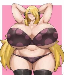 1girl arms_behind_head arms_up batako_(batakoart) blonde_hair blush bra breasts cleavage curvy cynthia_(pokemon) female_focus gigantic_breasts hair_over_one_eye highres long_hair looking_at_viewer navel nintendo panties pokemon simple_background solo thick_thighs thighhighs thighs underwear very_long_hair wide_hips