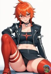 ai_art ai_generated cameltoe collar crop_top fortnite fortnite:_battle_royale jacket jacket_open mixxiru nix_scarlet_(fortnite) orange_eyes orange_hair panties short_hair sitting socks two_braids