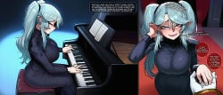 1boy 1girls ai_generated bad_end big_breasts black_dress blue_hair elyflux english_text epsilon_(the_eminence_in_shadow) flirting holding_hands kage_no_jitsuryokusha_ni_naritakute! light_skinned_female piano pov purple_eyes self_upload stage text_box text_bubble the_eminence_in_shadow twintails