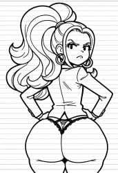 1girls ai_generated ass ass_focus bangs big_ass blank_background butt clothes colorless dork_diaries ear_piercing ear_ring earrings eyebrows eyelashes female female_only frown frowning frowning_at_viewer hands_on_hips hips lingerie_panties long_hair long_sleeves looking_at_viewer looking_back monochrome panties ponytail side_bangs sidelocks solo tagme thick_thighs thighs tied_hair white_background
