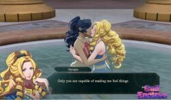 2girls ai_generated artist_logo artist_name artist_signature blonde_female blue_clothes dark_skinned_female female fire_emblem fire_emblem:_fortune's_weave intelligent_systems jacuzzi leda_(fire_emblem) lesbian_kiss light-skinned_female long_hair nintendo nintendo_switch_2 olympia red_clothes text_box yallahs80