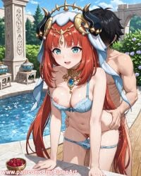 1boy 1girl :d ai_generated aianoart aqua_eyes bangs bare_arms bare_shoulders bent_over black_hair blue_bra blue_eyes blue_gemstone blue_panties blue_sky blush bow_panties bra bra_pull breasts brooch cleavage clothed_sex clothes_pull cloud day fake_horns female_pubic_hair flower food fruit gem genshin_impact gold_choker happy_sex hetero horns jewelry leaning_forward long_hair low_twintails medium_breasts navel neck_ring nilou_(genshin_impact) nipples nude open_mouth outdoors panties panty_pull parted_bangs pubic_hair public_indecency red_hair sex sex_from_behind sky smile solo_focus standing standing_sex stomach strap_slip sweat table thighs twintails underwear underwear_only veil very_long_hair water wet