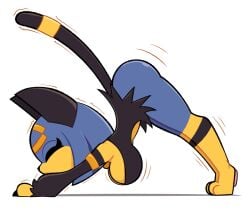 2026 all_fours anthro ass_up big_breasts big_butt black_body black_fur blue_hair breasts butt cat_stretch claws digital_media_(artwork) eyes_closed fatalafterdark felid feline female fur hair hi_res mammal pal_(species) palworld pawpads paws pocketpair pose sekhmet_(pal) simple_background solo stretching tail white_background yellow_body yellow_fur yoruichi_pose