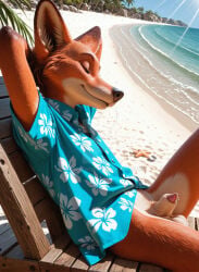 ai_generated animal_genitalia animal_penis anthro balls beach bodily_fluids boxoflewds canid canine canine_genitalia canine_penis clothed clothing disney fox fur genital_fluids genitals half_erect male mammal nick_wilde orange_body orange_fur partially_clothed penis precum red_fox seaside sheath shirt sleeping solo topwear true_fox water zootopia