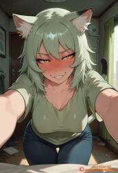 1girl ai_generated animal_ear_fluff animal_ears artist_name blue_pants blush breasts cat_ears cat_girl cat_tail chainsmoker_cat cleavage collarbone covered_nipples denim green_hair green_shirt grin indoors jeans looking_at_viewer pants parted_lips patreon patreon_username pov shirt short_sleeves slit_pupils smile solo tagme_(artist) tail thigh_gap yani_neko yaniko_satou yellow_eyes