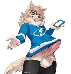 balls big_balls big_penis canine clothing collar genitals glasses holding_cellphone holding_phone mammal smartphone tan_body