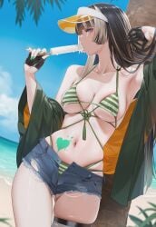 1girls beach_background belly_button big_breasts bikini_under_shorts female highres hololive hololive_japan juufuutei_raden navel navel_rennat shorts solo striped_bikini sucking sucking_ice_cream thighs tight_bikini tummy virtual_youtuber vtuber
