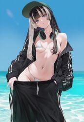 1girls beach female hat headphones_around_neck highres hololive hololive_japan juufuutei_raden medium_breasts multicolored_hair navel navel_rennat ocean pulling_down_pants solo tight_bikini tummy virtual_youtuber vtuber water white_bikini