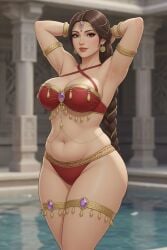 ai_generated architecture arm_accessory armlet armpit_crease armpits arms_behind_head bangle belly_button belly_chain bikini bindi blurry_background bracelet braided_tail brunette_hair cleavage criss-cross_halter earrings embroidery eyelashes eyeshadow female female_only forehead_jewel gold_trim grey_eyes grok hair_jewelry hair_ornament head_jewelry indian indian_female light-skinned_female lipstick looking_at_viewer mature_female midriff narrow_waist pillar poolside rgomez007 saree sari seductive_look self_upload sideboob single_braid slight_smile solo_female standing swimming_pool swimsuit tassel thick_lips thick_thighs thighlet tummy_bulge wide_hips