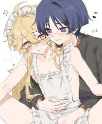 aether_(genshin_impact) blonde-haired_male blonde_hair blush blush_lines blushing blushing_at_partner blushing_male cute_male dark_hair gay genshin_impact maid maid_apron maid_headdress maid_outfit maid_uniform male/male scaramouche_(genshin_impact) smug smug_expression smug_face smug_grin spread_legs teasing thighs tsuyaryouyado wanderer_(genshin_impact)