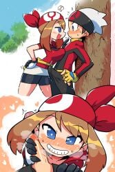 against_tree assertive_female bandana blue_eyes blush brendan_(pokemon) brown_hair crap-man erection erection_under_clothes gloves handjob hat heart-shaped_pupils imminent_fellatio kneeling large_breasts large_penis may_(pokemon) miniskirt penis_out pokemon pokemon_rse smile tight_clothes