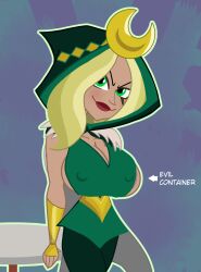 1girls baohda big_areola big_breasts blonde_female blonde_hair breasts cape clothed_female dc dc_comics dc_super_hero_girls enchantress_(june_moone) evil_container green_eyes hoodie lips nipple_bulge nipples_visible_through_clothing shaved_pussy