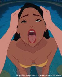 1girl 2d ahegao ai_generated areolae big_breasts black_hair blushing body breasts breasts_out brown_eyes curvy dark-skinned_female dark_skin digital_media_(artwork) disney disney_princess explicit exposed_breasts female forest hands_on_head highres lake long_hair looking_at_viewer medium_breasts nature night nipples nude open_mouth outdoors pocahontas solo solo_female sweat thick_thighs tongue_out uncensored water wet wet_skin wide_hips