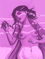 1girl breasts coat lips long_hair lying medium_breasts miss_pauling monochrome naked_coat navel nipples on_back open_clothes purple_theme scissors sketch small_breasts solo tagme_(artist) team_fortress_2