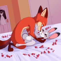 2018 animal_genitalia animal_penis anthro bed blush canine canine_penis caress clothing disney dress eye_contact female female_penetrated fox fur furry furry_only garter_belt garter_straps highres honeymoon judy_hopps knot lagomorph lying male male/female male_penetrating male_penetrating_female mammal missionary_position nick_wilde on_back penetration penis petals pussy pussy_juice rabbit ring romantic sex size_difference skeletonguys-and-ragdolls spread_legs spreading stockings straight tail vaginal_penetration wedding_dress zootopia