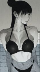 2d artist_name artist_request asian asian_female belly_button bikini bikini_bottom bikini_top black_and_white bob_cut cleavage cleavage_cutout earrings exposed_midriff hourglass_figure hourglass_figured_female looking_away manga_style medium_breasts midriff oc original original_character pool poolside slim_waist swimming_pool swimsuit swimwear tagme tied_hair water wide_hips
