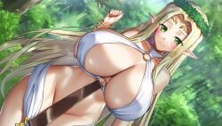 1girls ai_generated blonde_hair brutoaimage celestine_lucullus elf forest green_eyes huge_breasts kuroinu_~kedakaki_seijo_wa_hakudaku_ni_somaru~ large_breasts long_hair no_panties outdoors pointy_ears revealing_clothes solo