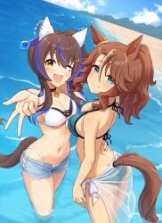 2girls ass beach black_bikini blue_hair brown_hair closed_mouth daitaku_helios_(umamusume) denim_shorts female female_only gyaru horse_ears horse_girl horse_tail large_breasts looking_at_viewer medium_breasts mejiro_palmer_(umamusume) melotere navel ocean one_eye_closed open_mouth outdoors ponytail see-through see-through_sarong side_ponytail stomach telomere umamusume umamusume_pretty_derby w white_bikini white_hair yellow_eyes