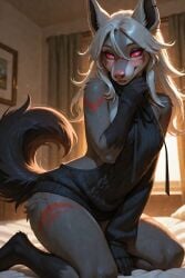 1girls ai_generated anthro_female canid dog_girl female gray_hair hyena_girl mightyena monacookes original_character pink_eyes pokemon pokemon_(species) red_sclera scorpianpp self_upload stable_diffusion