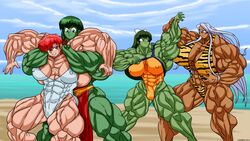 atariboy beach breasts extreme_muscles green_eyes green_hair green_skin huge_breasts large_breasts muscle_fetish muscular muscular_female